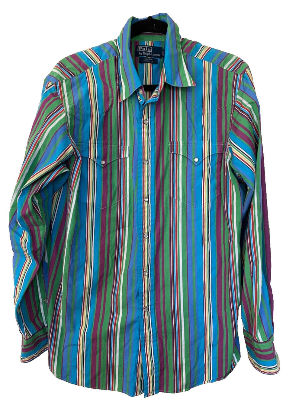 Polo Ralph Lauren Western Shirt Mens Large Blue Multi Stripe Pearl Snap Vintage